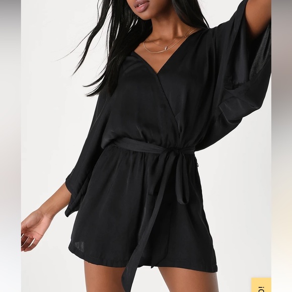 NWOT Lulus Ain't It Grand Black Satin Surplice Romper - Picture 4 of 6